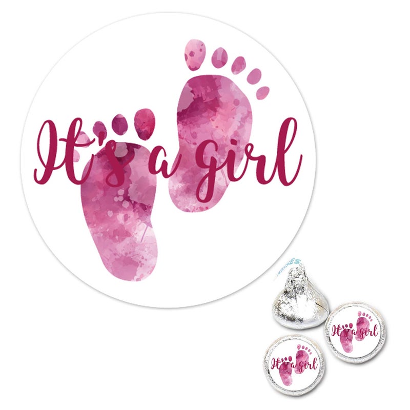 Mr.Mug 180 Chocolate Drop Labels Stickers- Gender Reveal Footprints Kisses Labels for Baby Shower, It's a Girl Baby Shower Favor Labels. - Image 1